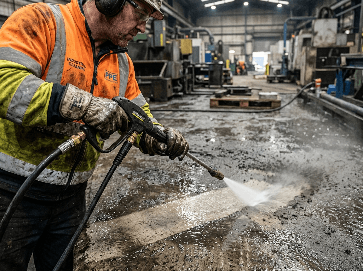 Industrial cleaning of a factory floor